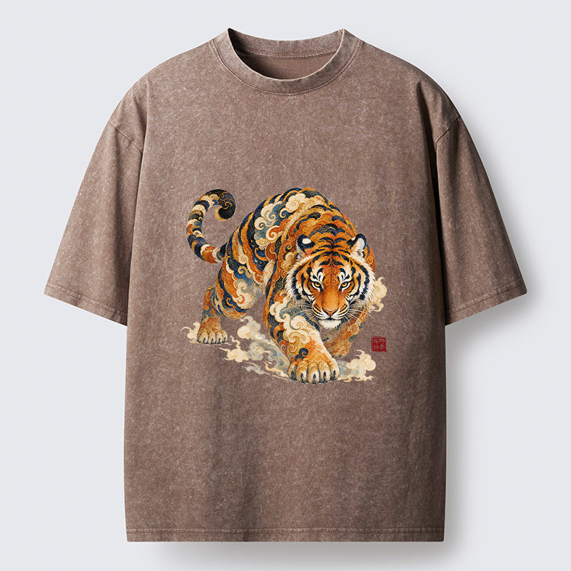 Tokyo-Tiger Vintage Cloud Tiger Print Washed T-Shirt