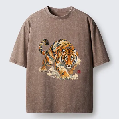 Tokyo-Tiger Vintage Cloud Tiger Print Washed T-Shirt