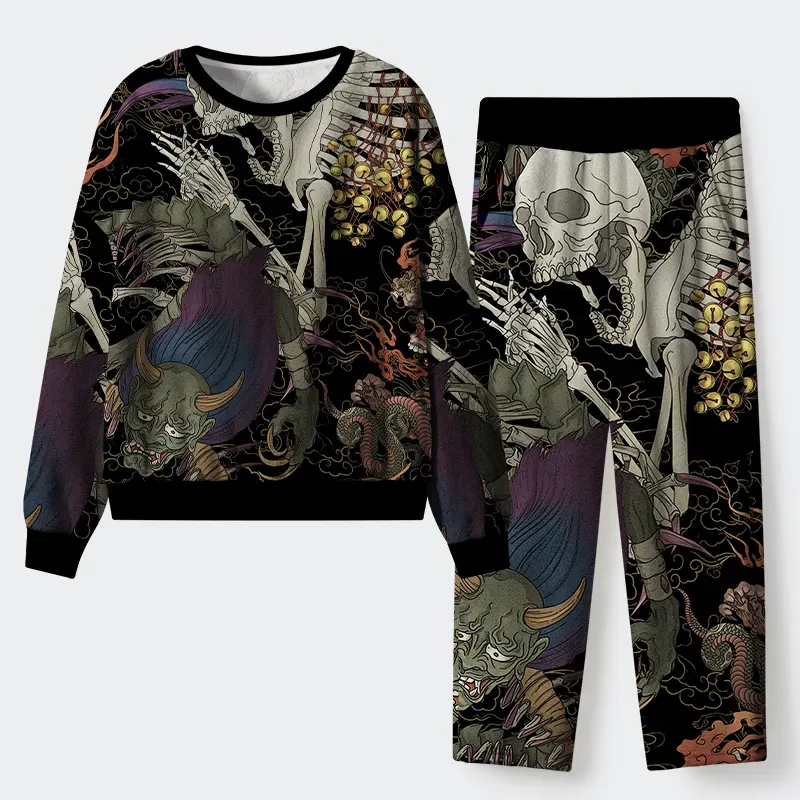 Tokyo-Tiger Japanese Yokai And Skeletons Flannel Pajama Set