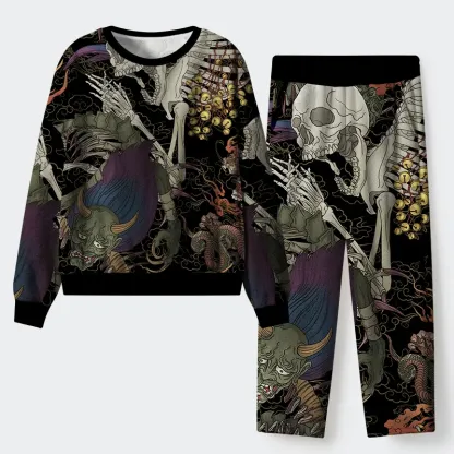 Tokyo-Tiger Japanese Yokai And Skeletons Flannel Pajama Set
