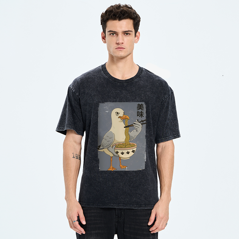 Tokyo-Tiger Pigeons Eating Ramen Washed T-Shirt