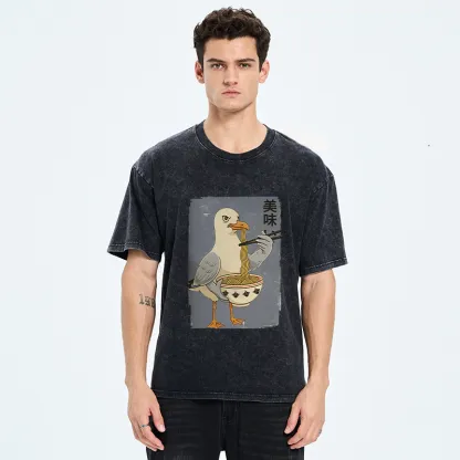 Tokyo-Tiger Pigeons Eating Ramen Washed T-Shirt