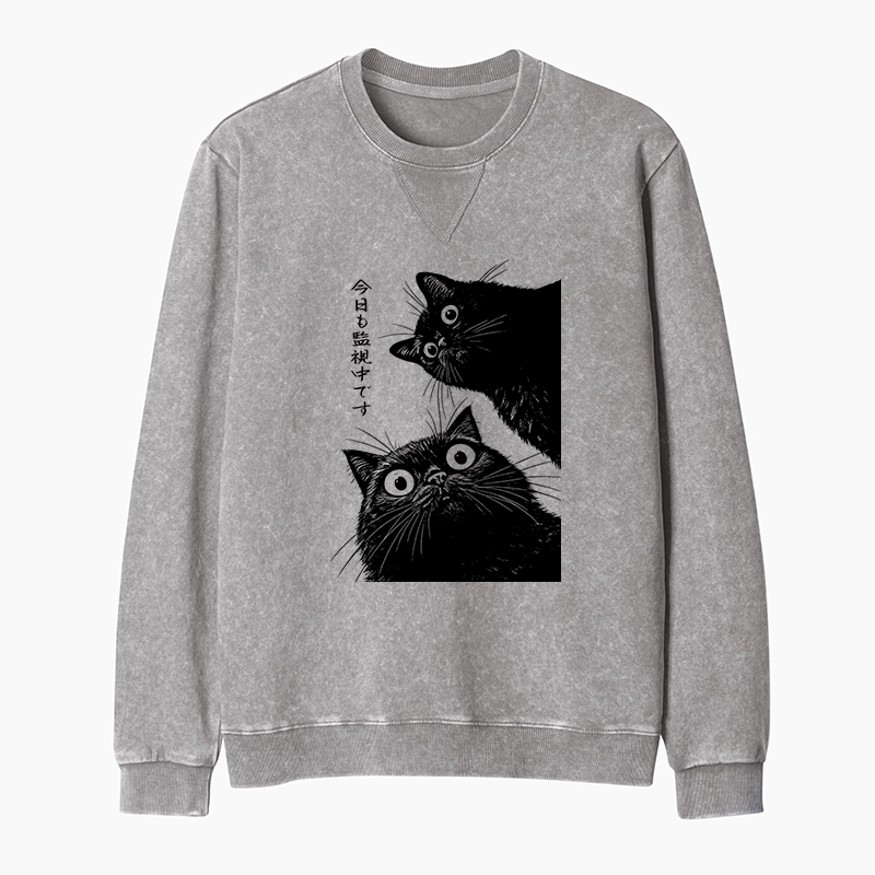 Tokyo-Tiger The Cat Is Watching Today Washed Terry Sweatshirt