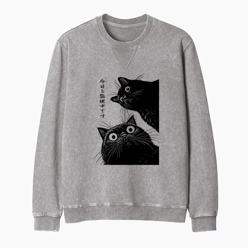 Tokyo-Tiger The Cat Is Watching Today Washed Terry Sweatshirt