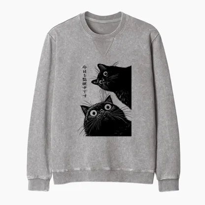 Tokyo-Tiger The Cat Is Watching Today Washed Terry Sweatshirt
