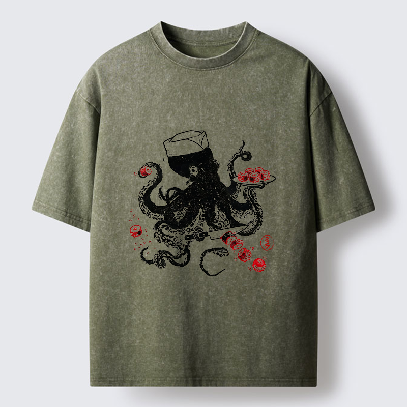 Tokyo-Tiger Octopus Making Sushi Funny Meme Washed T-Shirt