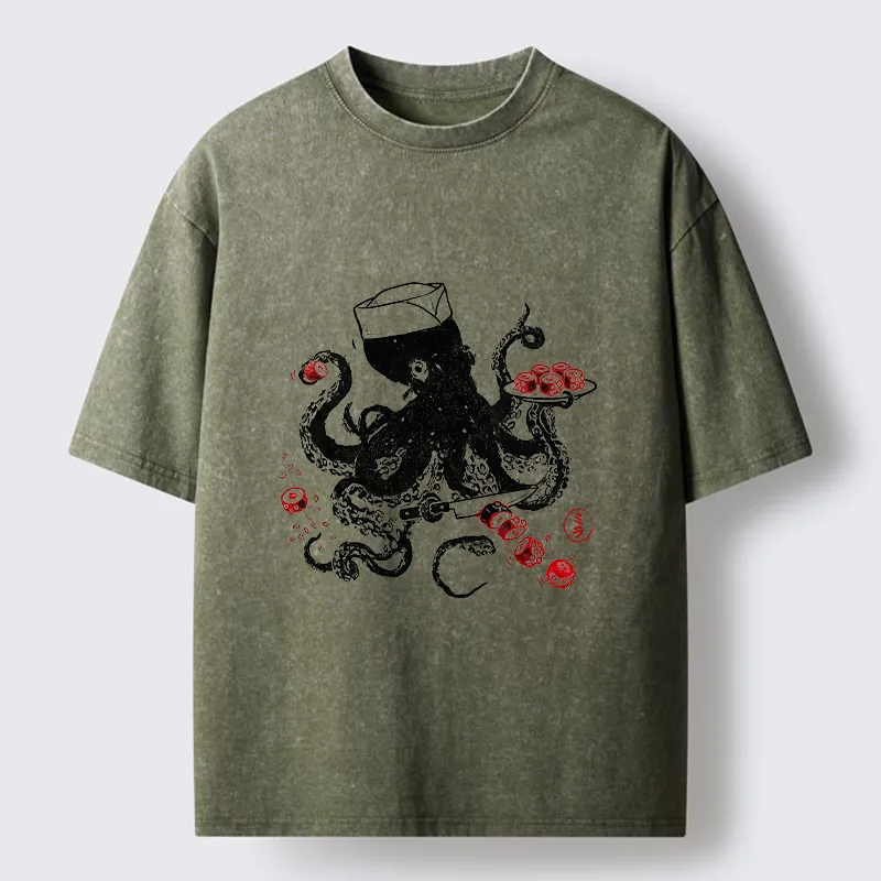 Tokyo-Tiger Octopus Making Sushi Funny Meme Washed T-Shirt