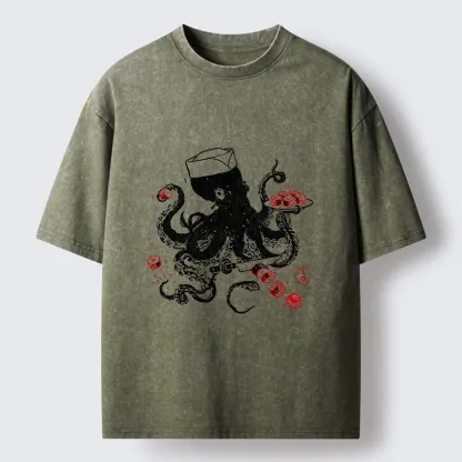 Tokyo-Tiger Octopus Making Sushi Funny Meme Washed T-Shirt