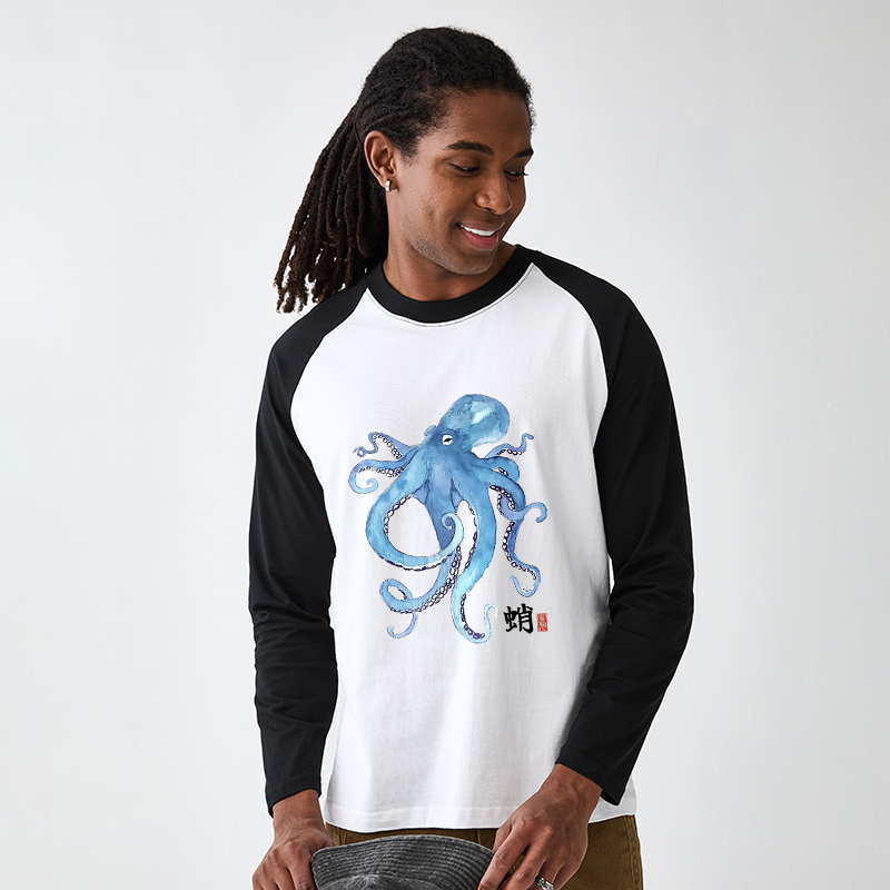 Tokyo-Tiger Watercolor Blue Octopus Raglan Long Sleeve T-shirt