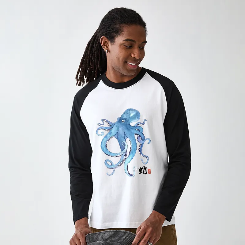 Tokyo-Tiger Watercolor Blue Octopus Raglan Long Sleeve T-shirt