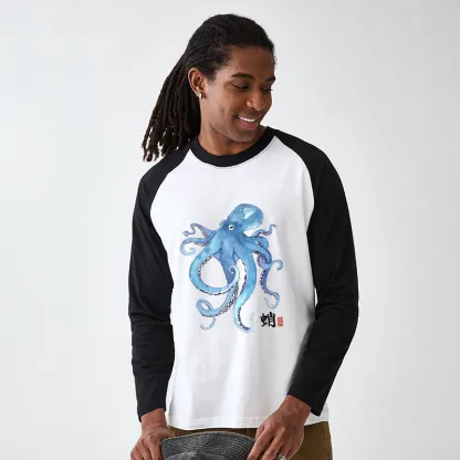 Tokyo-Tiger Watercolor Blue Octopus Raglan Long Sleeve T-shirt