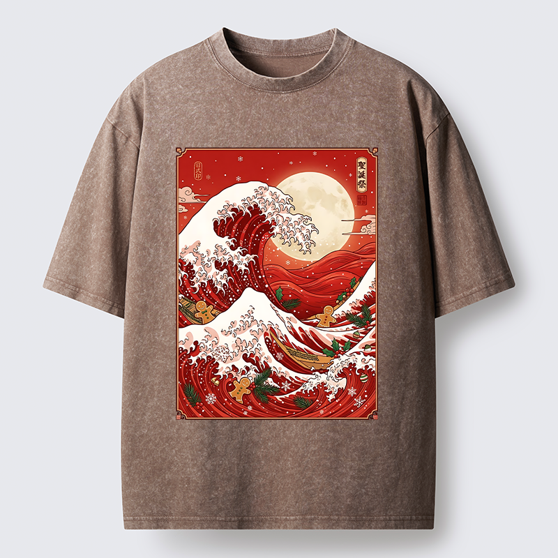 Tokyo-Tiger Gingerbread Surfing Christmas Wave Art Washed T-Shirt