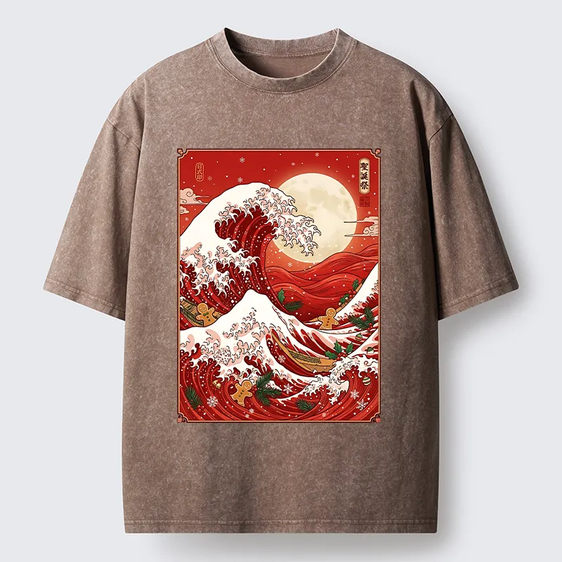 Tokyo-Tiger Gingerbread Surfing Christmas Wave Art Washed T-Shirt