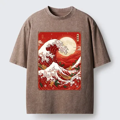 Tokyo-Tiger Gingerbread Surfing Christmas Wave Art Washed T-Shirt