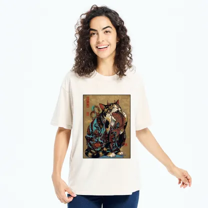 Tokyo-Tiger Samurai Cat Eating Fish Washed T-Shirt