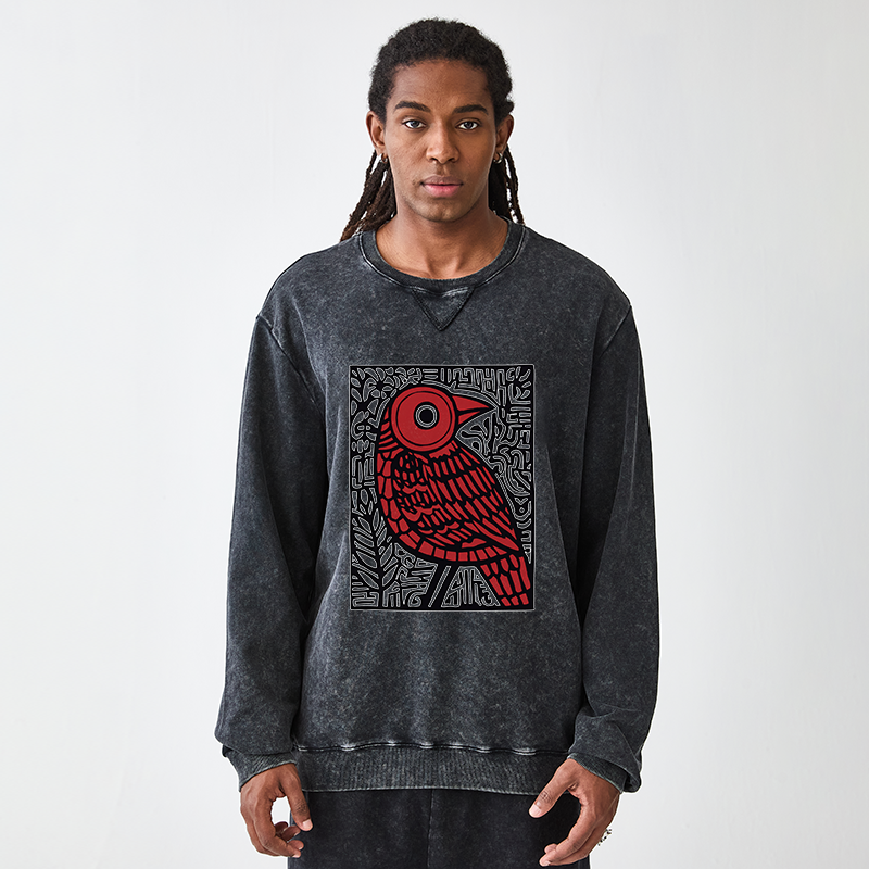 Tokyo-Tiger Retro Woodblock Bird Washed Terry Sweatshirt