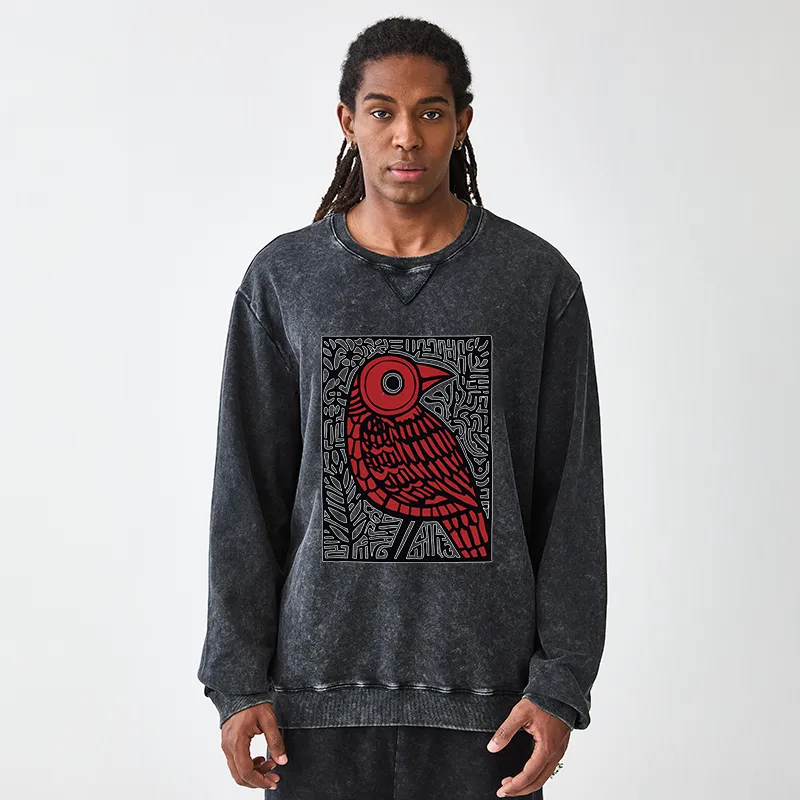 Tokyo-Tiger Retro Woodblock Bird Washed Terry Sweatshirt