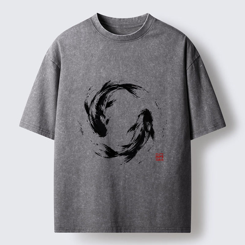 Tokyo-Tiger Ink Koi Fish Circle Washed T-Shirt