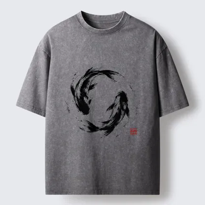 Tokyo-Tiger Ink Koi Fish Circle Washed T-Shirt