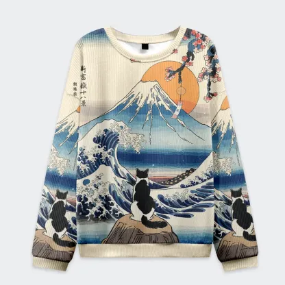 Tokyo-Tiger Cat Looking At The Great Wave Christmas Ugly Sweatshirt