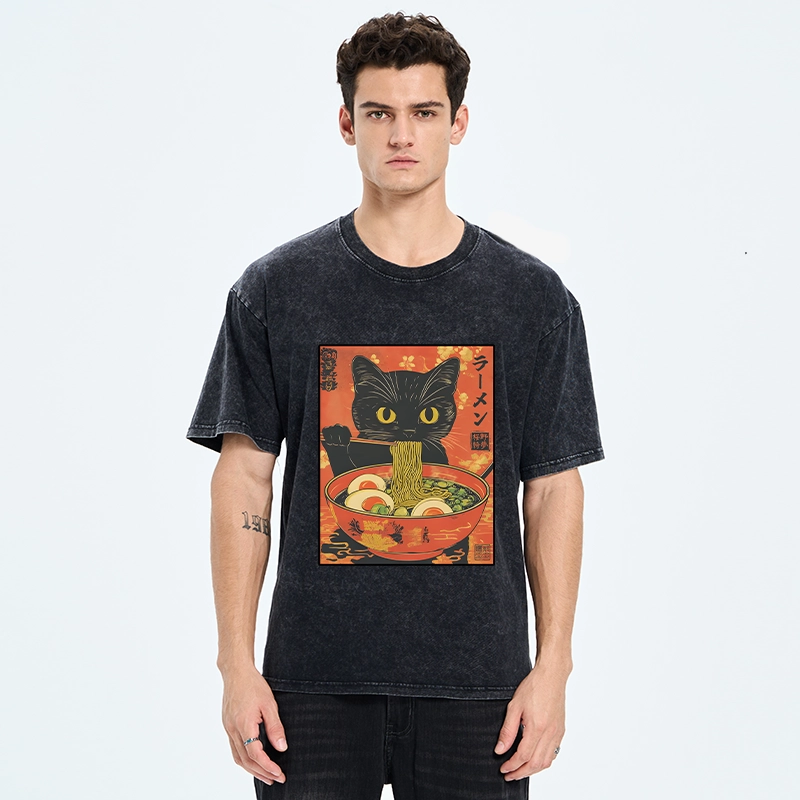 Tokyo-Tiger Hungry Black Cat Loves Ramen Washed T-Shirt