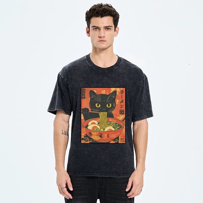 Tokyo-Tiger Hungry Black Cat Loves Ramen Washed T-Shirt