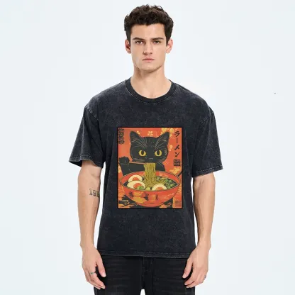 Tokyo-Tiger Hungry Black Cat Loves Ramen Washed T-Shirt