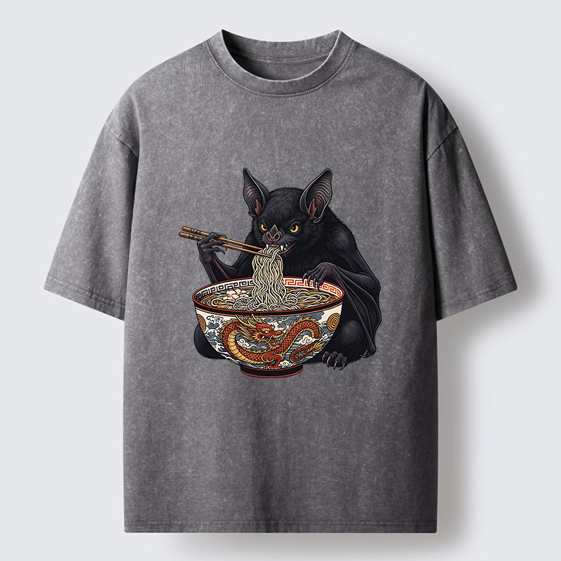 Tokyo-Tiger Bat Eating Ramen Washed T-Shirt