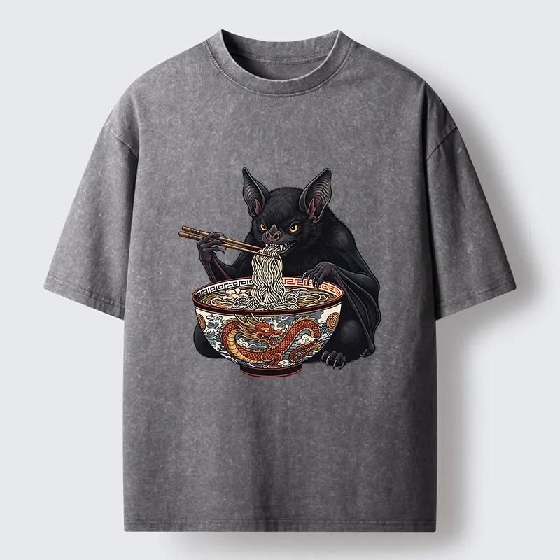 Tokyo-Tiger Bat Eating Ramen Washed T-Shirt