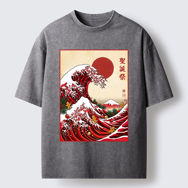 Tokyo-Tiger Gingerbread Surf Christmas Wave Washed T-Shirt