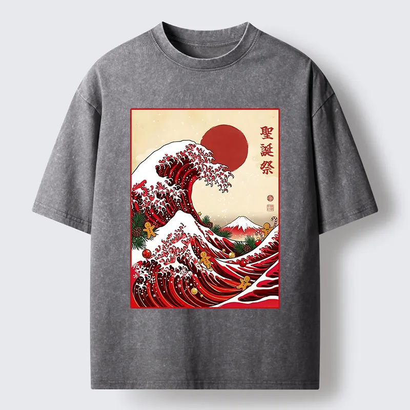 Tokyo-Tiger Gingerbread Surf Christmas Wave Washed T-Shirt