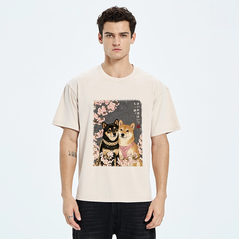 Tokyo-Tiger Two Shibas And Sakura Flowers Washed T-Shirt