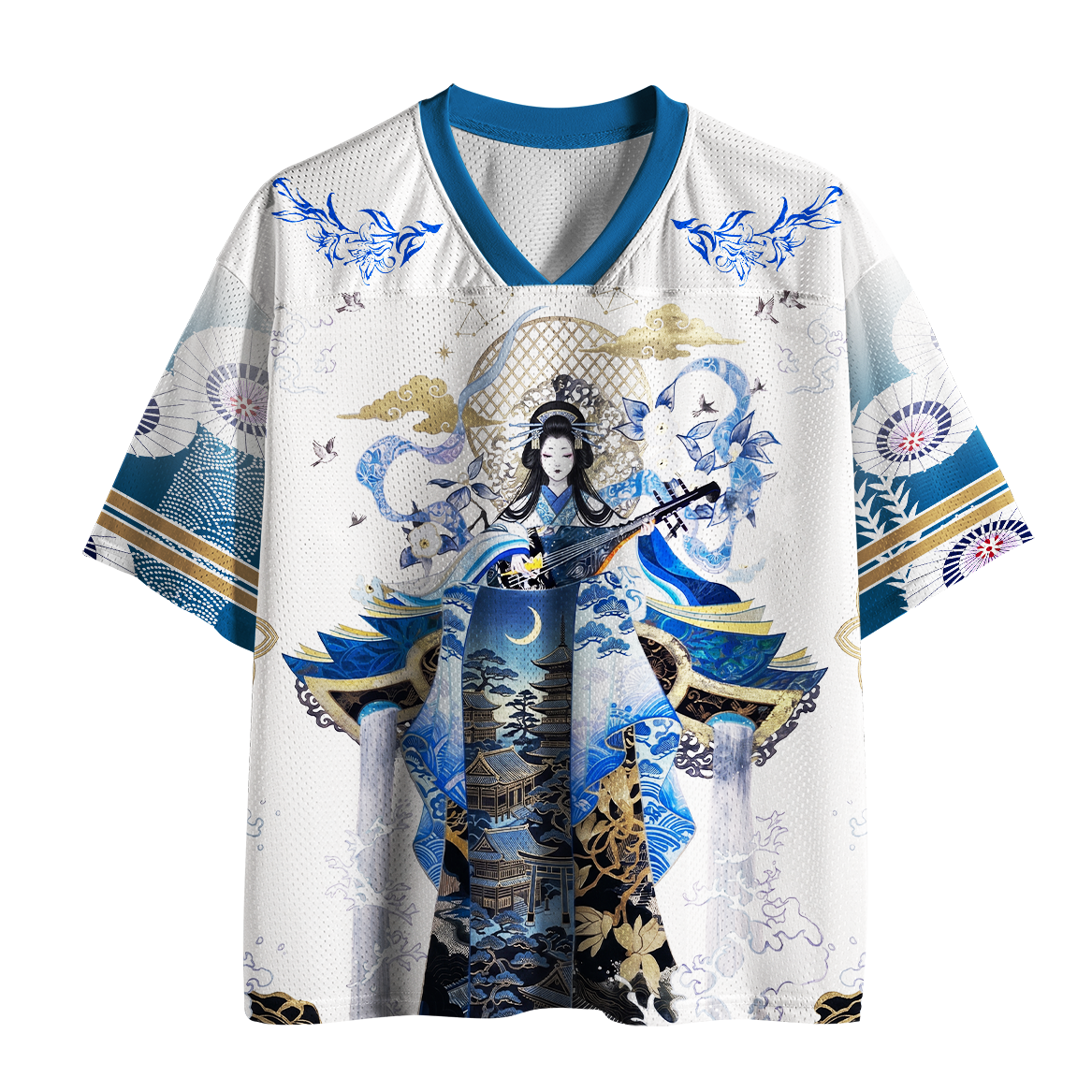 Tokyo-Tiger Tranquil Melody Biwa Geisha Ukiyo-e Mesh Jersey