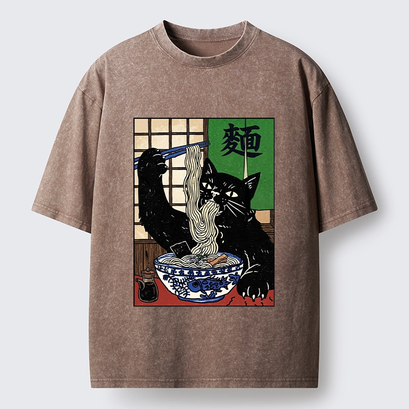 Tokyo‑Tiger Ramen Cat Vibes Washed T‑Shirt