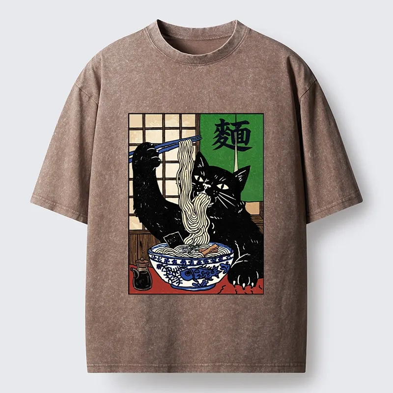 Tokyo‑Tiger Ramen Cat Vibes Washed T‑Shirt