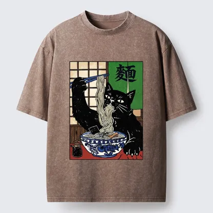 Tokyo‑Tiger Ramen Cat Vibes Washed T‑Shirt