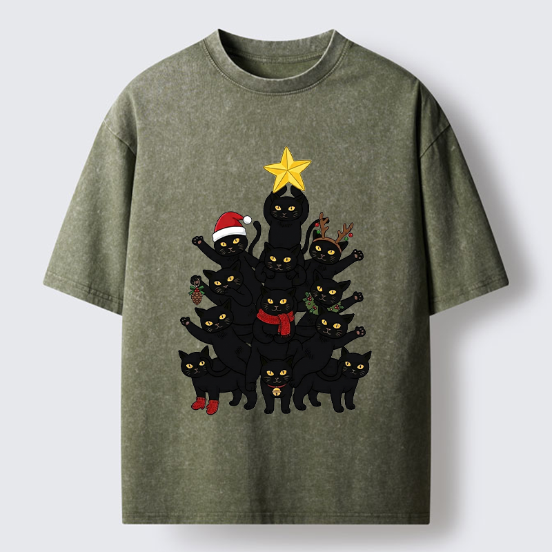 Tokyo-Tiger Stacked Black Cat Christmas Tree Washed T-Shirt