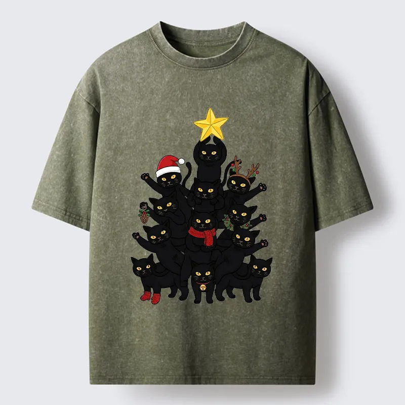 Tokyo-Tiger Stacked Black Cat Christmas Tree Washed T-Shirt