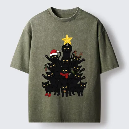 Tokyo-Tiger Stacked Black Cat Christmas Tree Washed T-Shirt