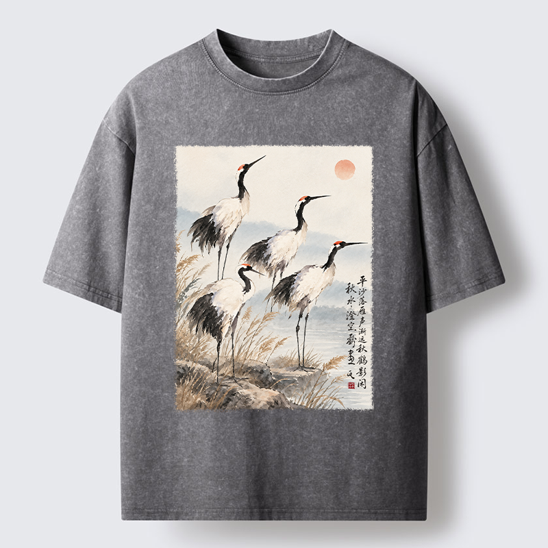 Tokyo-Tiger Vintage Oriental Crane Art Washed T-Shirt