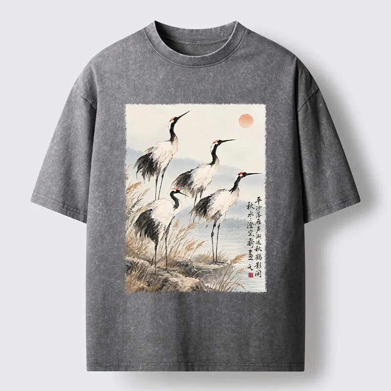 Tokyo-Tiger Vintage Oriental Crane Art Washed T-Shirt