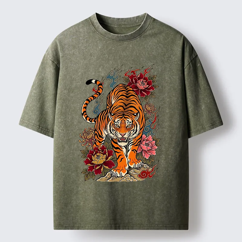 Tokyo‑Tiger Floral Tiger Art Washed T‑Shirt Sale