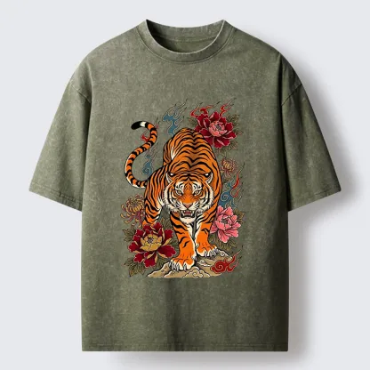 Tokyo-Tiger Floral Tiger Art Washed T-Shirt