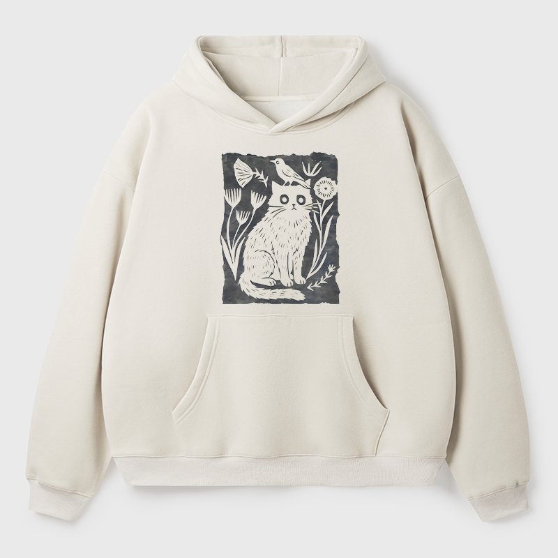 Tokyo-Tiger Folk Paper Cut Cat Bird Floral Art Adult Fleece Hoodie