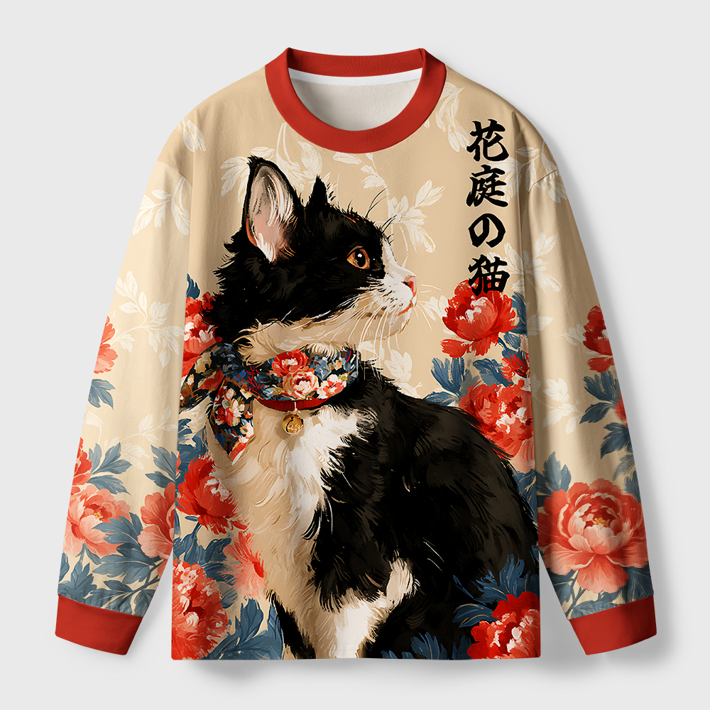 Tokyo-Tiger Cat Among Peonies Eco-Friendly Long Sleeve T-Shirt