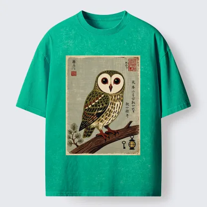 Tokyo-Tiger Vintage Woodblock Owl Art Washed T-Shirt