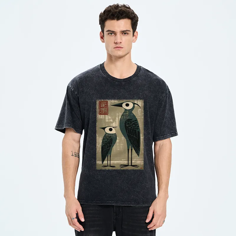 Tokyo-Tiger Retro Two Birds Art Washed T-Shirt