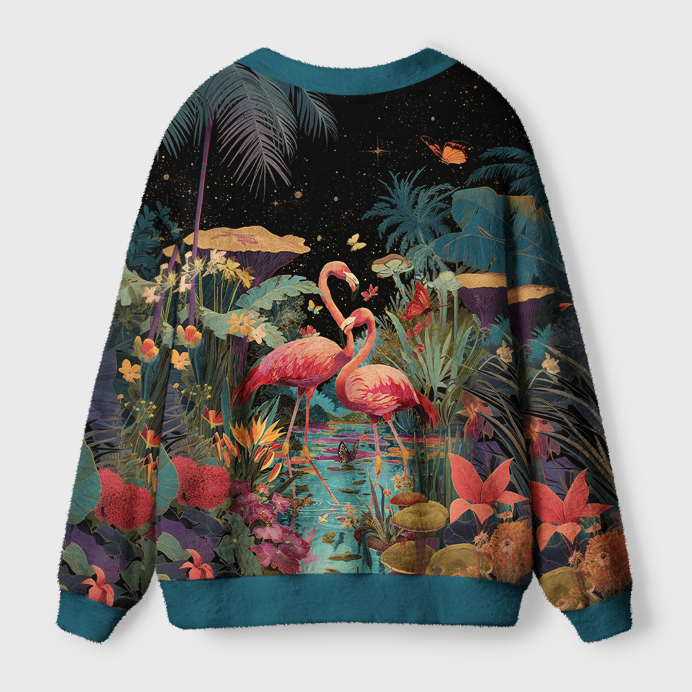 Tokyo-Tiger Midnight Flamingo Waltz Ugly Cardigan Sweater