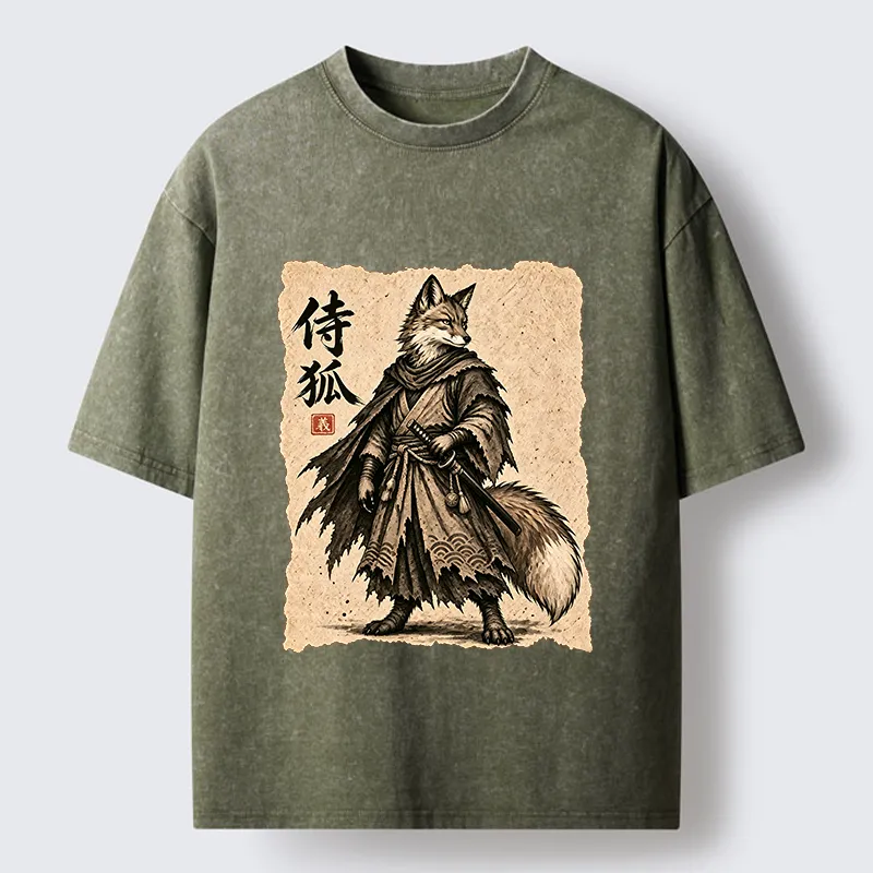 Tokyo-Tiger Vintage Samurai Fox Art Washed T-Shirt