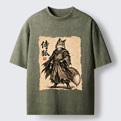 Tokyo-Tiger Vintage Samurai Fox Art Washed T-Shirt